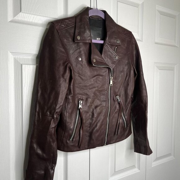 All Saints Dalby Dark Red Leather Long Sleeve Biker Jacket Women's Size 6 - Picture 4 of 15